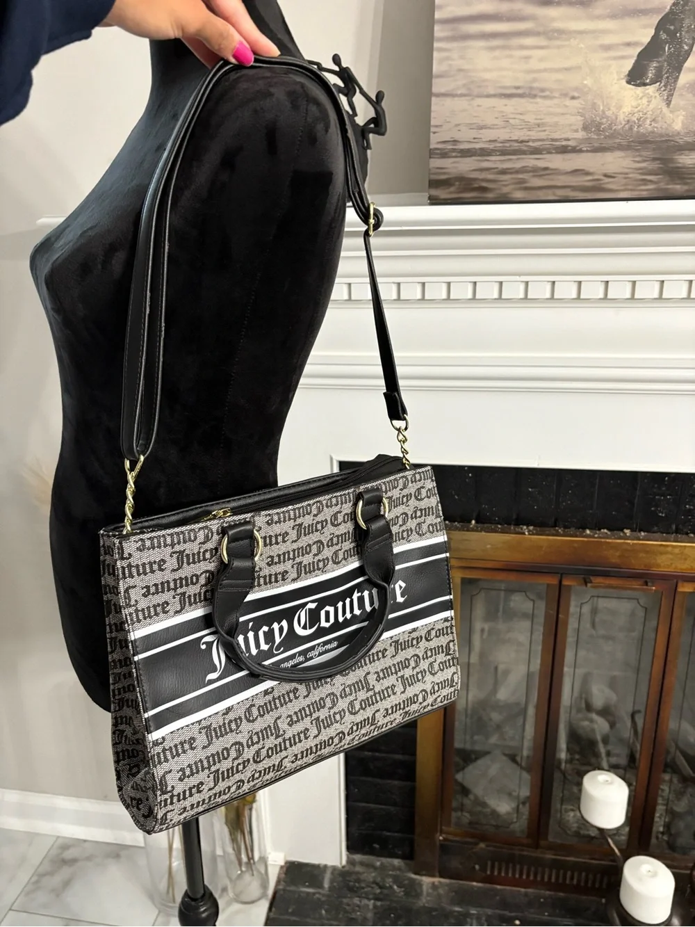 Juicy Couture Black and Beige Logo Messenger Bag